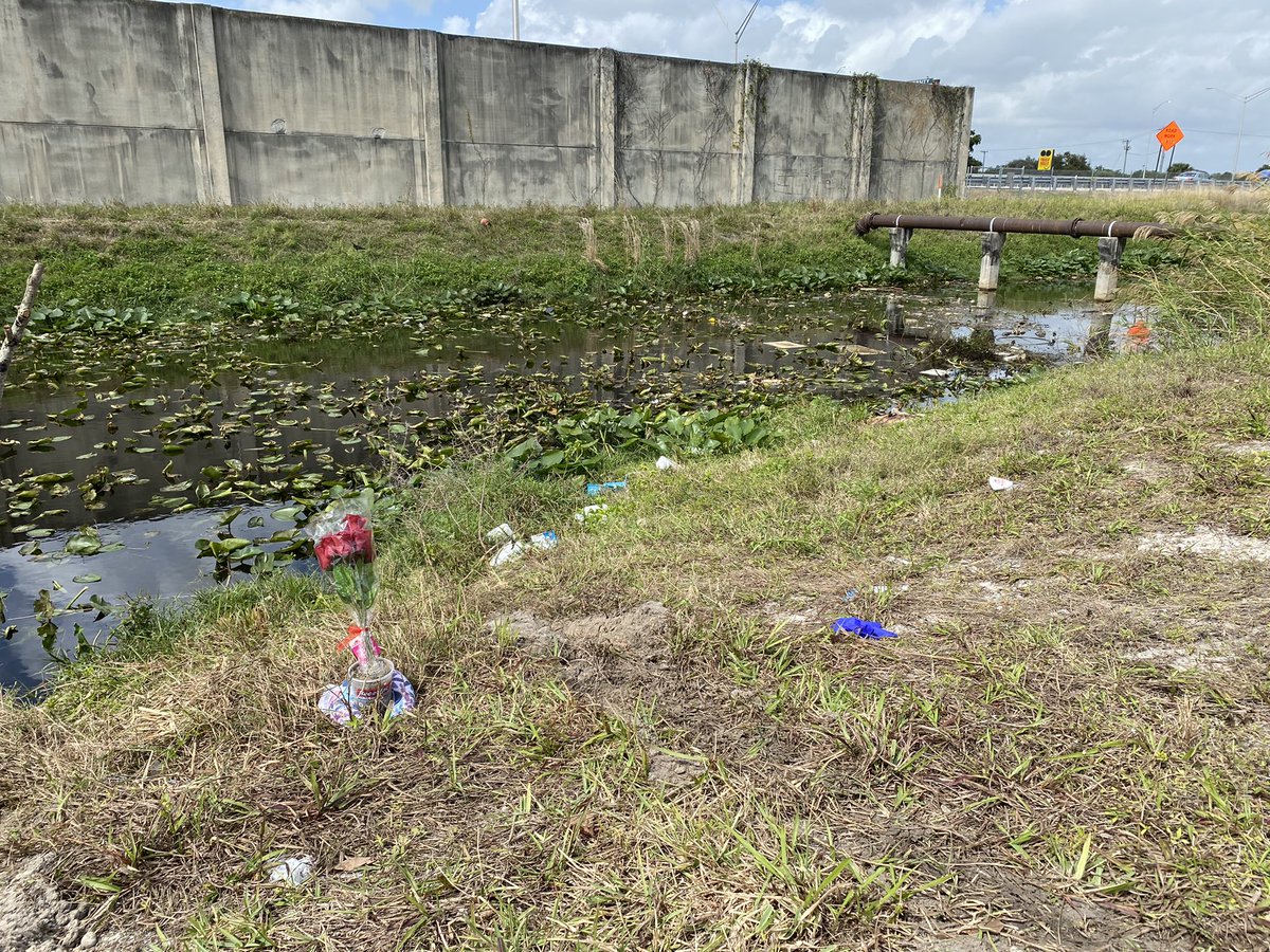 Flowers left by canal where woman and baby were rescued from a car in the water. Woman was shot to death. Infant girl was unharmed. Woman was child's godmother. Deputies now searching for suspects