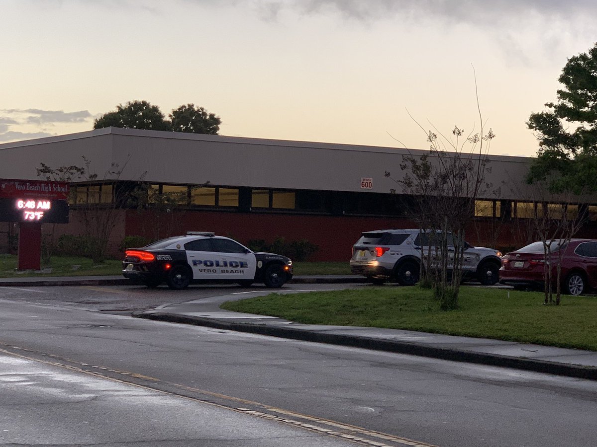 Vero Beach Police and Indian River County Sheriff Deputies are on site at Vero Beach High School Freshmen Learning Center today. There are several law enforcement officials at the front of the building as classes are about to begin.