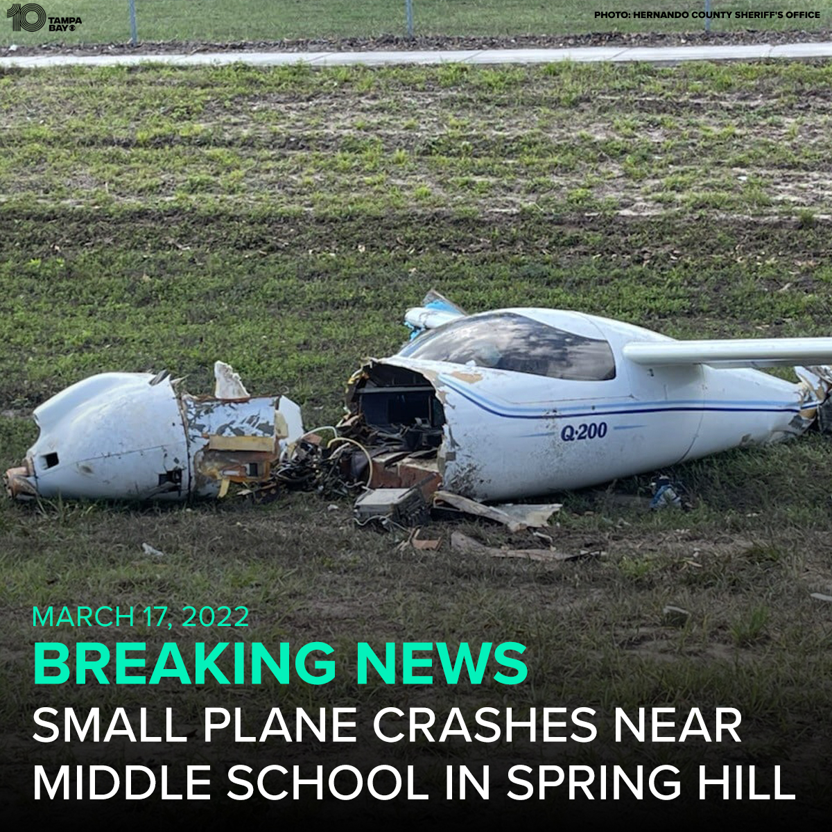 A two-seat QAC Quickie Q2 crashed today near Powell Middle School in Spring Hill after taking off this morning from St. Pete–Clearwater International Airport. The small plane appeared to have had mechanical trouble