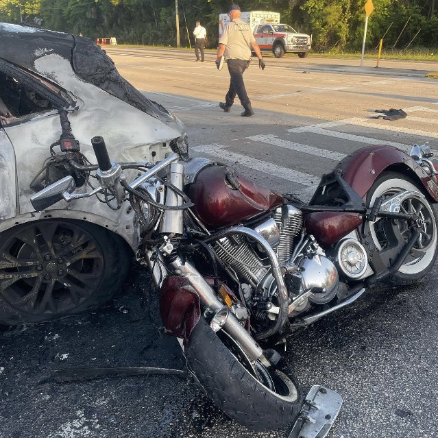 Two people escape vehicle that burst into flames following crash w motorcycle at Jimmy Ann Dr & Clyde Morris Blvd last night say @DaytonaBeachFD officials who shared these pictures. People in vehicle were injured. No word on motorcyclist