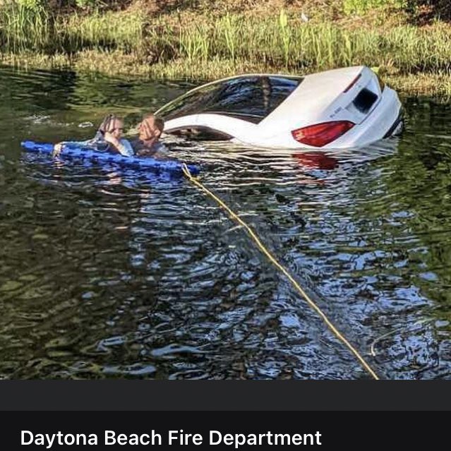 Female driver rescued from pond by @DaytonaBeachFD this am seconds before vehicle submerged. Driver wound up in water off Williamson Blvd on @Target store property. She wasn't hurt but couldn't get out of car on her own.