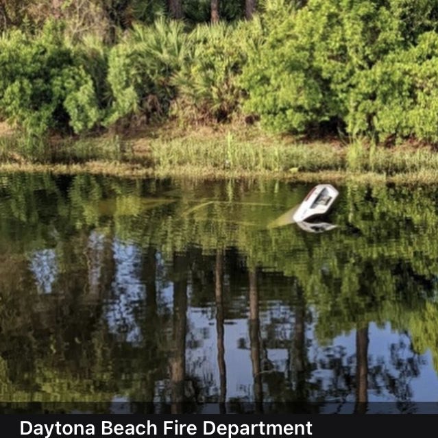 Female driver rescued from pond by @DaytonaBeachFD this am seconds before vehicle submerged. Driver wound up in water off Williamson Blvd on @Target store property. She wasn't hurt but couldn't get out of car on her own.