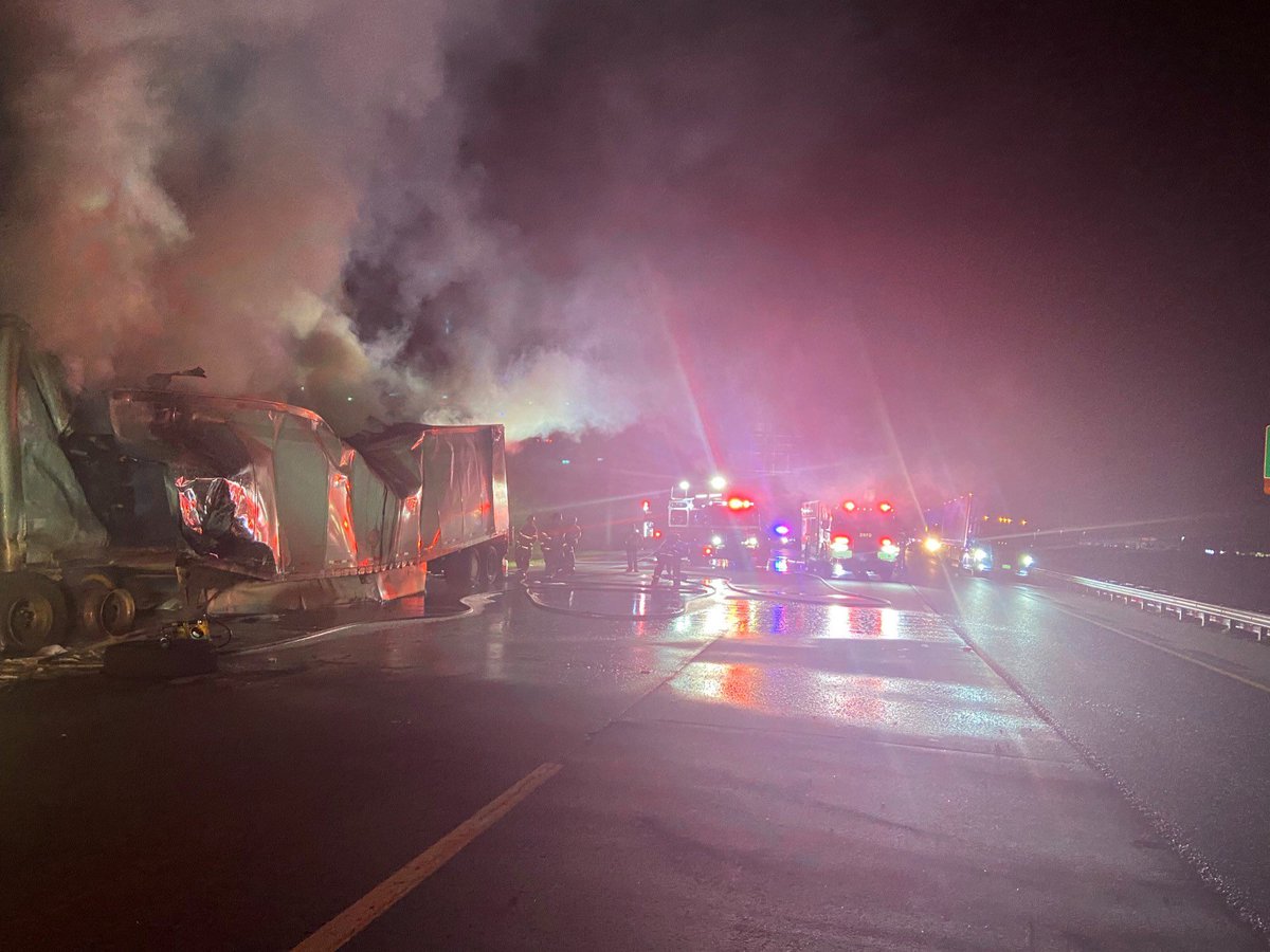 A semi truck carrying bags of cocoa catches fire this morning along I-95 in Daytona Beach