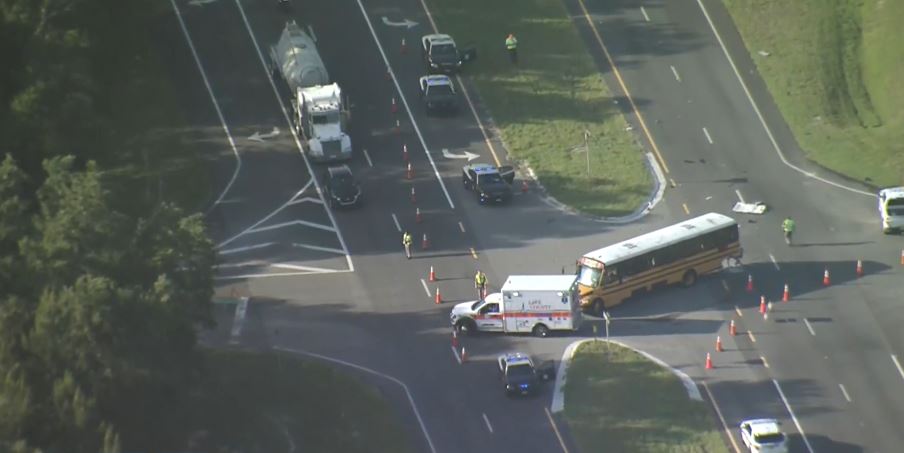 Fatal crash involving school bus with 17 children on board in Lake County at US-27 & Great Ecret Drive. No children reporting injuries at this time, per FHP. Driver of other car pronounced dead on scene. 