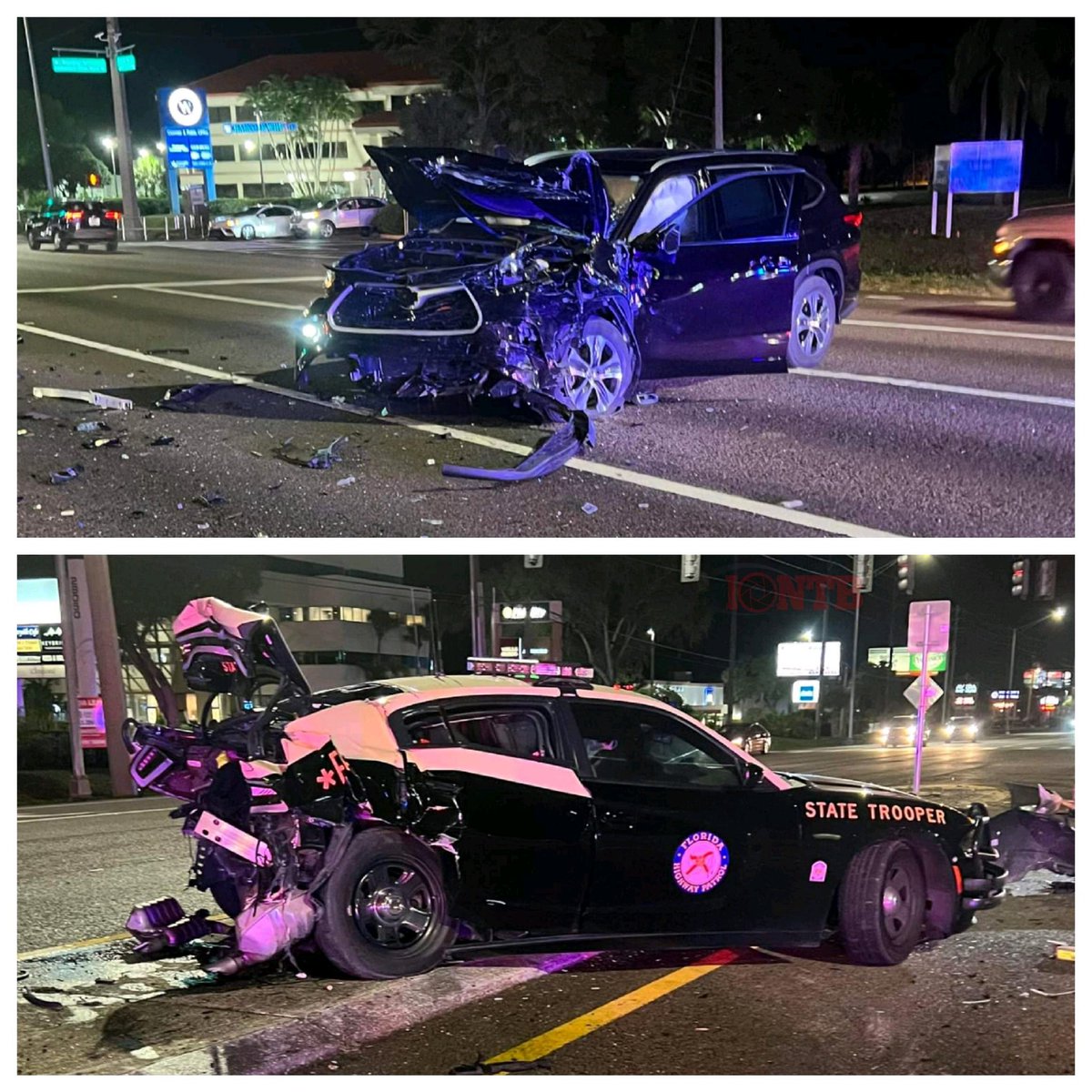 Palm Harbor: Trooper's vehicle struck while investigating earlier crash northbound US-19 near Republic Drive. No serious injuries reported. Two people transported. Alcohol suspected