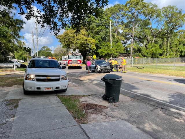 At least one person hospitalized after a two-car crash on Massachusetts Ave. in Pensacola. Lanes are blocked as EMS and FHP work the scene 