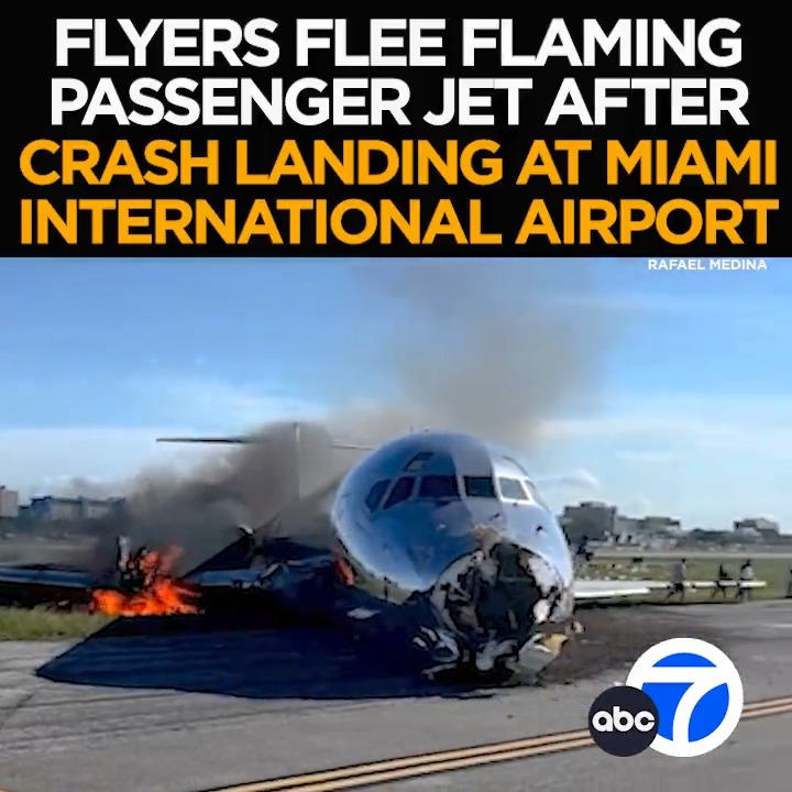 Terrified passengers flee from one side of a jet as flames rage on the other after a crash landing at Miami International. The RedAir jet bursting into flames after touching down with a landing gear problem. The  investigation 