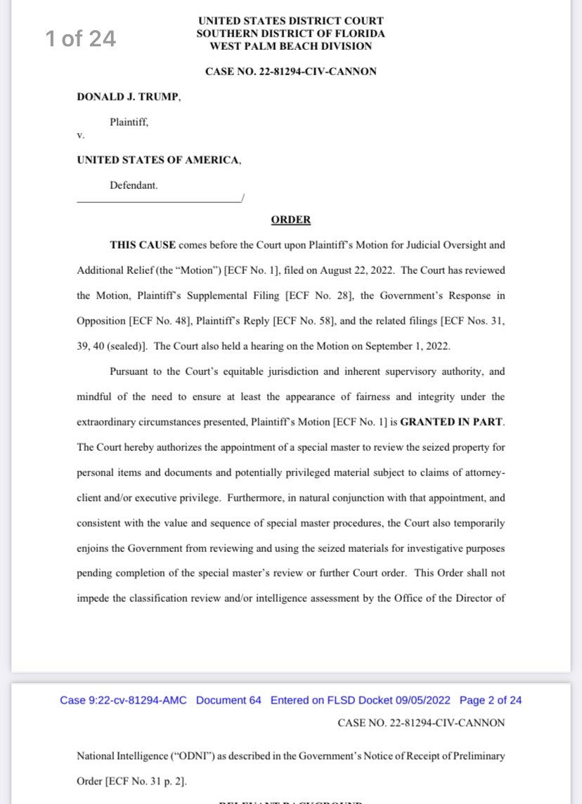 Judge Cannon has granted Trump's request for a special master to review attorney client and executive privilege — she also says her order will not stop the intelligence community review of the records