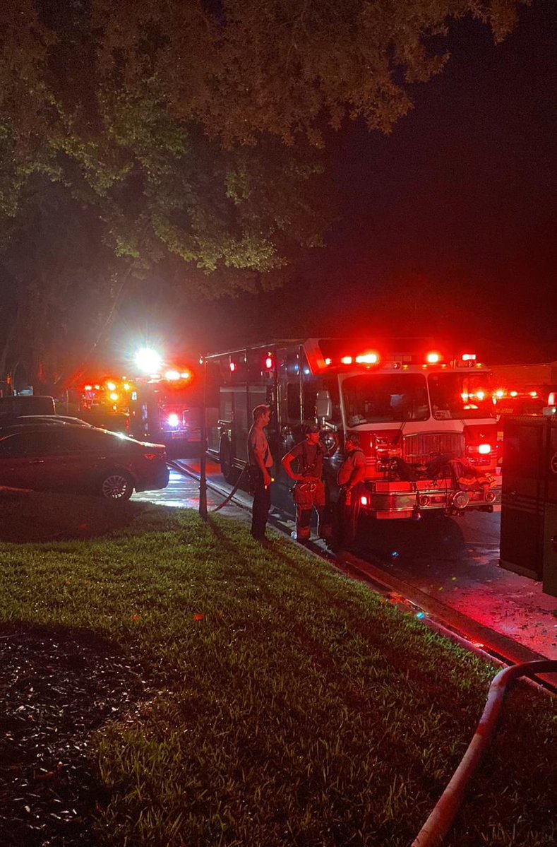 Apartment Fire 7732 High Pike Rd. Calls at 10:04pm reporting fire on a back patio. Crews arrived o/s to townhomes, smoke & flames showing from rear. Fire is now out, 2 families displaced but Red Cross not needed. Crews in overhaul and  air monitoring. No inquiries