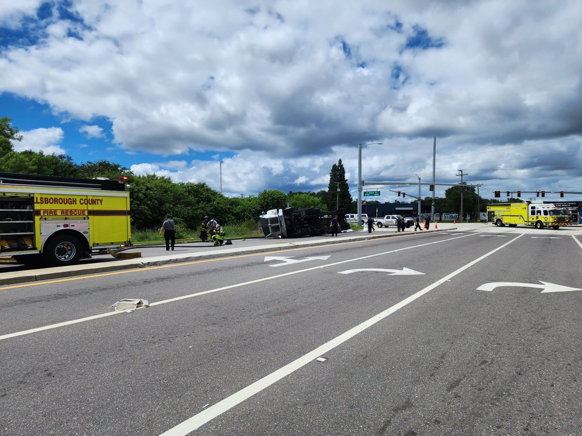 Hillsborough Troopers are investigating a tanker truck that overturned and spilled a large volume of gasoline along US-41 at Madison Ave - Driver uninjured - Road closed for extended period - Motorists should seek alternate routes