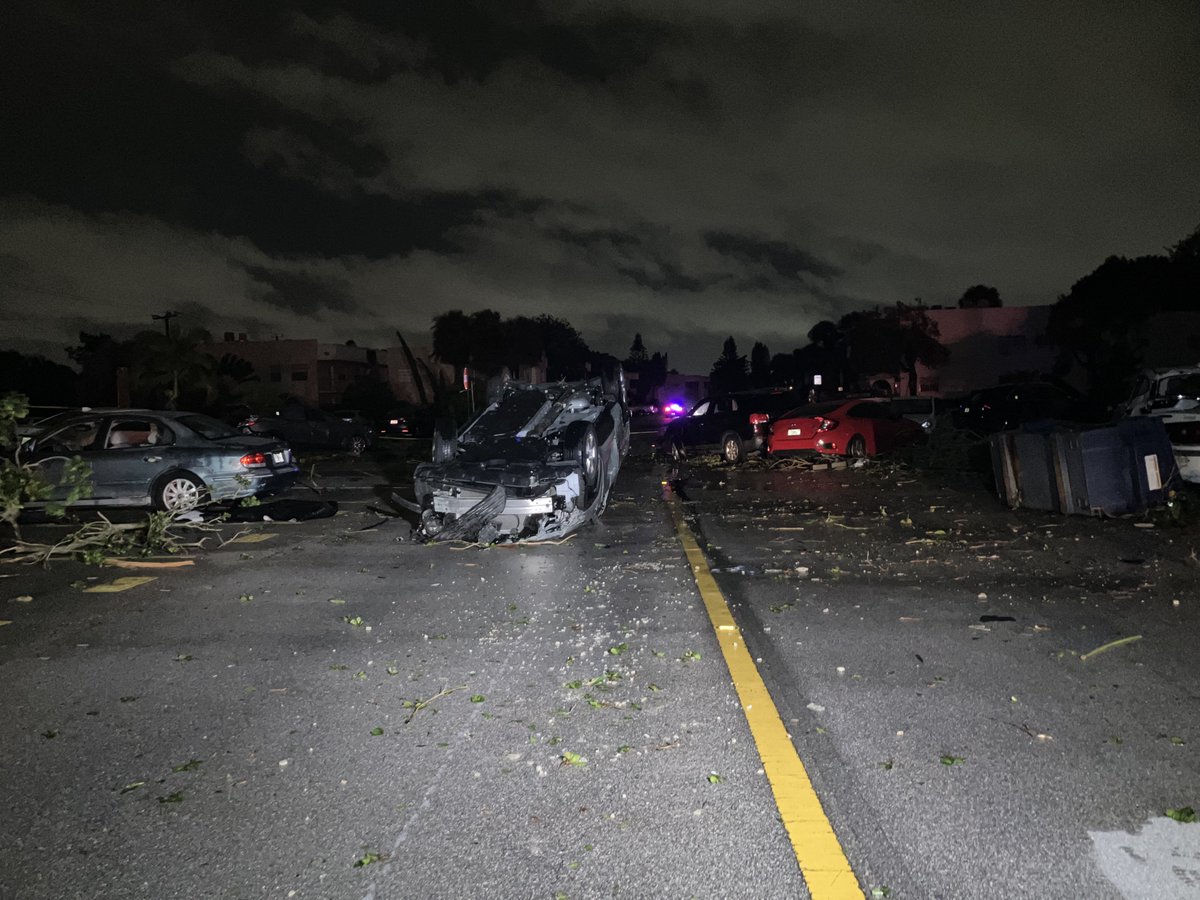 Strong winds tossed cars and knocked a tree into a building at a complex in Kings Point near Delray Beach