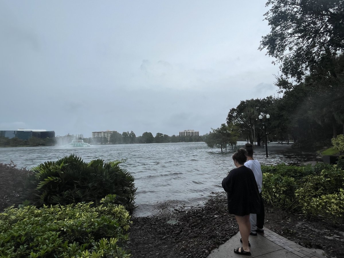 Stepped outside for a second to check out Lake Eola.  The sidewalks are totally underwater off E Central Blvd, but the street isn't flooded yet