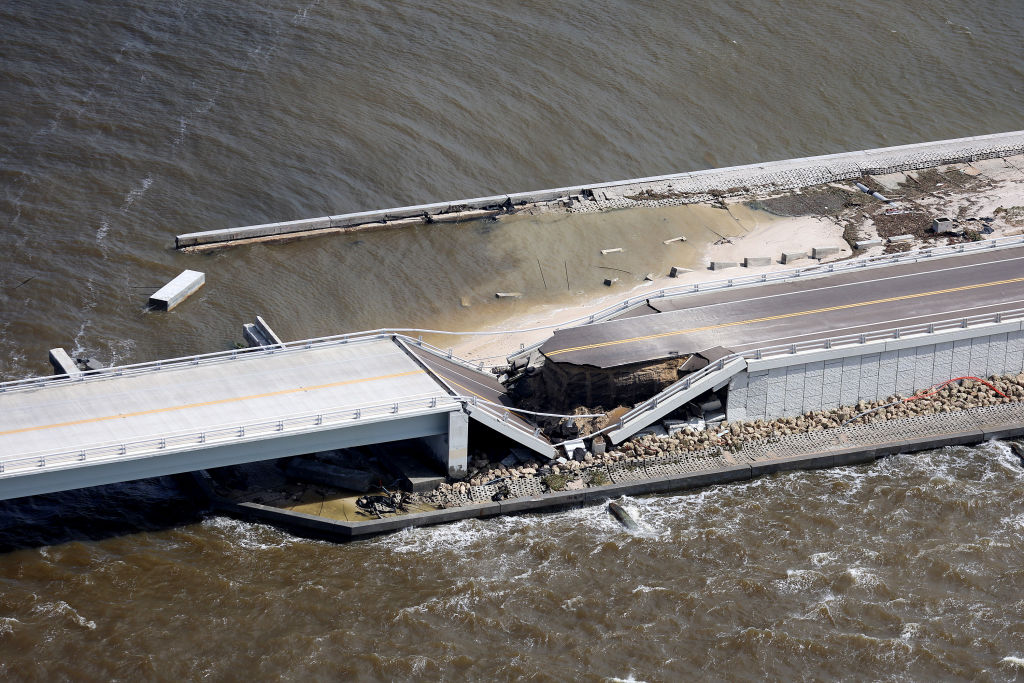 A portion of the Sanibel Causeway is seen collapsed after being severed by Hurricane Ian