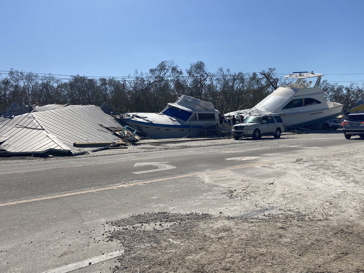 The damage here in FortMyersBeach is devastating. So much debris and massive boats tossed around like toy ships in a bath tub. There are literally hundreds of boats that are now blocking streets, in parking lots, on top of cars and crashed into buildings