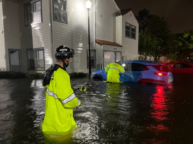 Members of Florida US&R Task Force 4 and Orlando's Dive team conducted numerous water rescues within the city. Hurricane Ian brought historic flooding, as approximately 300 people were evacuated with some areas receiving in excess of 14 inches of water