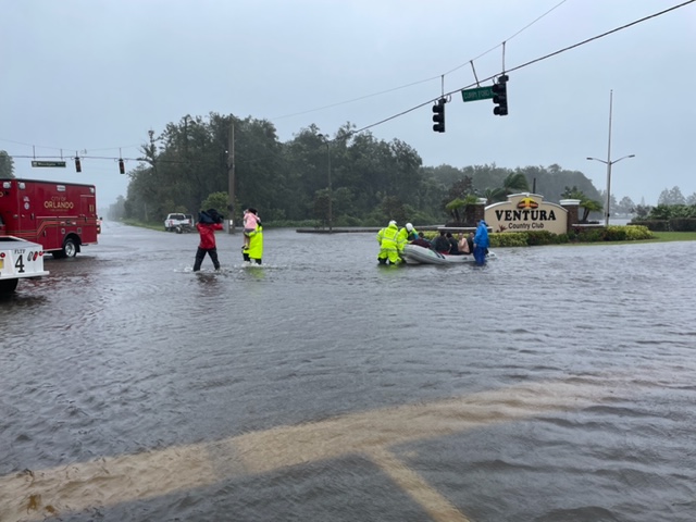 Members of Florida US&R Task Force 4 and Orlando's Dive team conducted numerous water rescues within the city. Hurricane Ian brought historic flooding, as approximately 300 people were evacuated with some areas receiving in excess of 14 inches of water