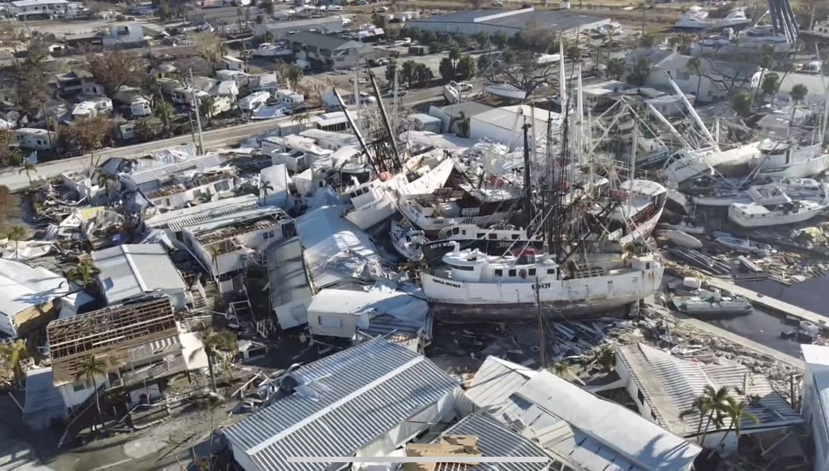 Ft Myers Beach today where the damage from HurricaneIan is catastrophic. Shrimping is a main industry here and nearly all boats are destroyed along with 90% of homes and businesses