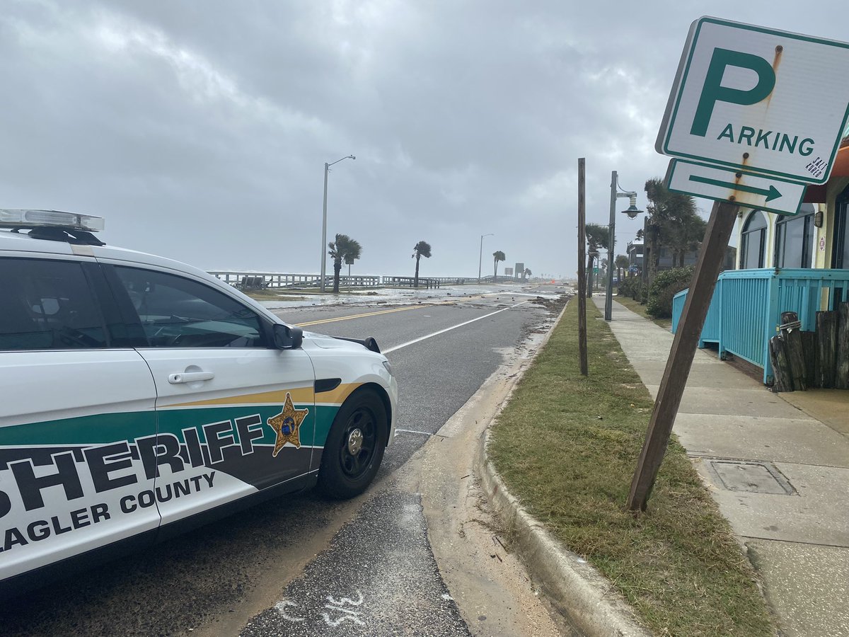 A1A here in Flagler Beach. This is at 5th St. strong waves feeding some significant ponding along the roadways.   It's closed and traffic is being re-routed