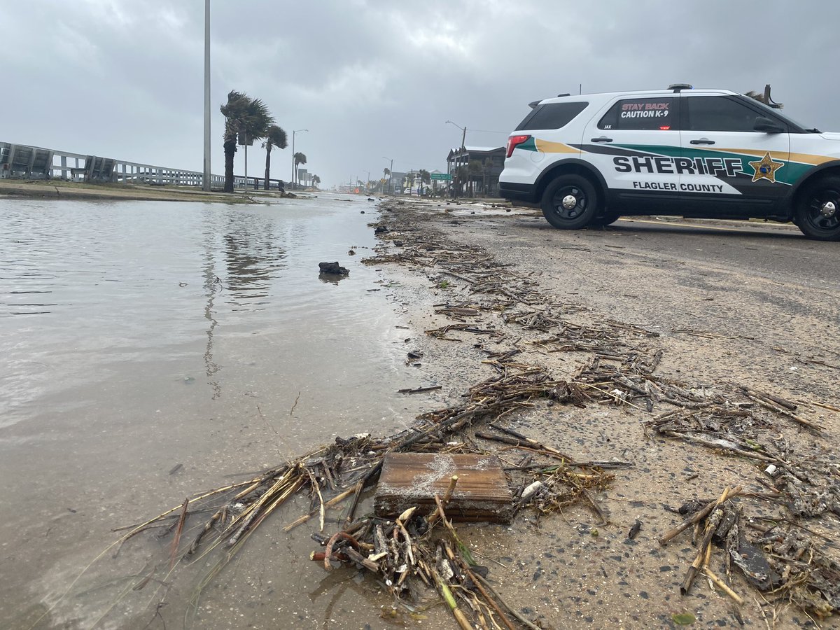 A1A here in Flagler Beach. This is at 5th St. strong waves feeding some significant ponding along the roadways.   It's closed and traffic is being re-routed