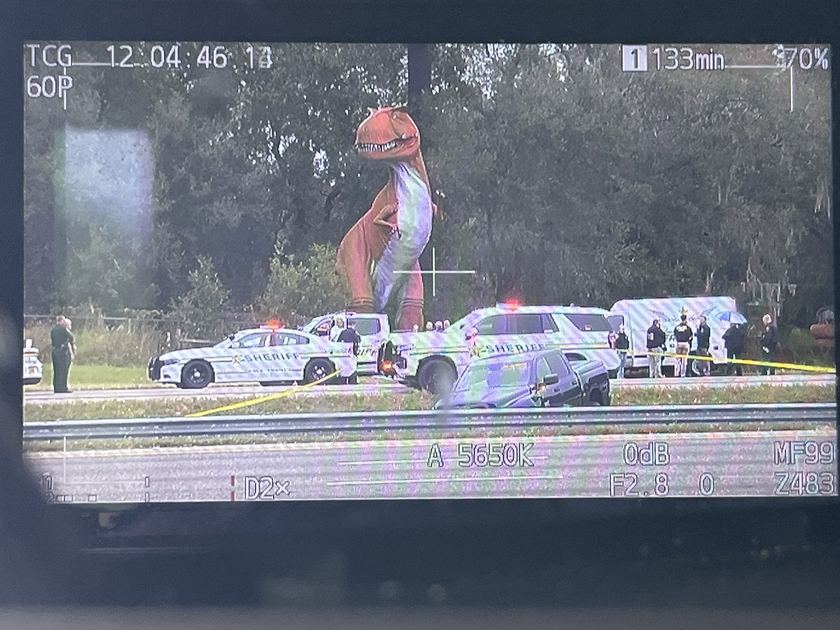 Multiple law enforcement agencies working a scene on I-4 in front of Dinosaur world.  