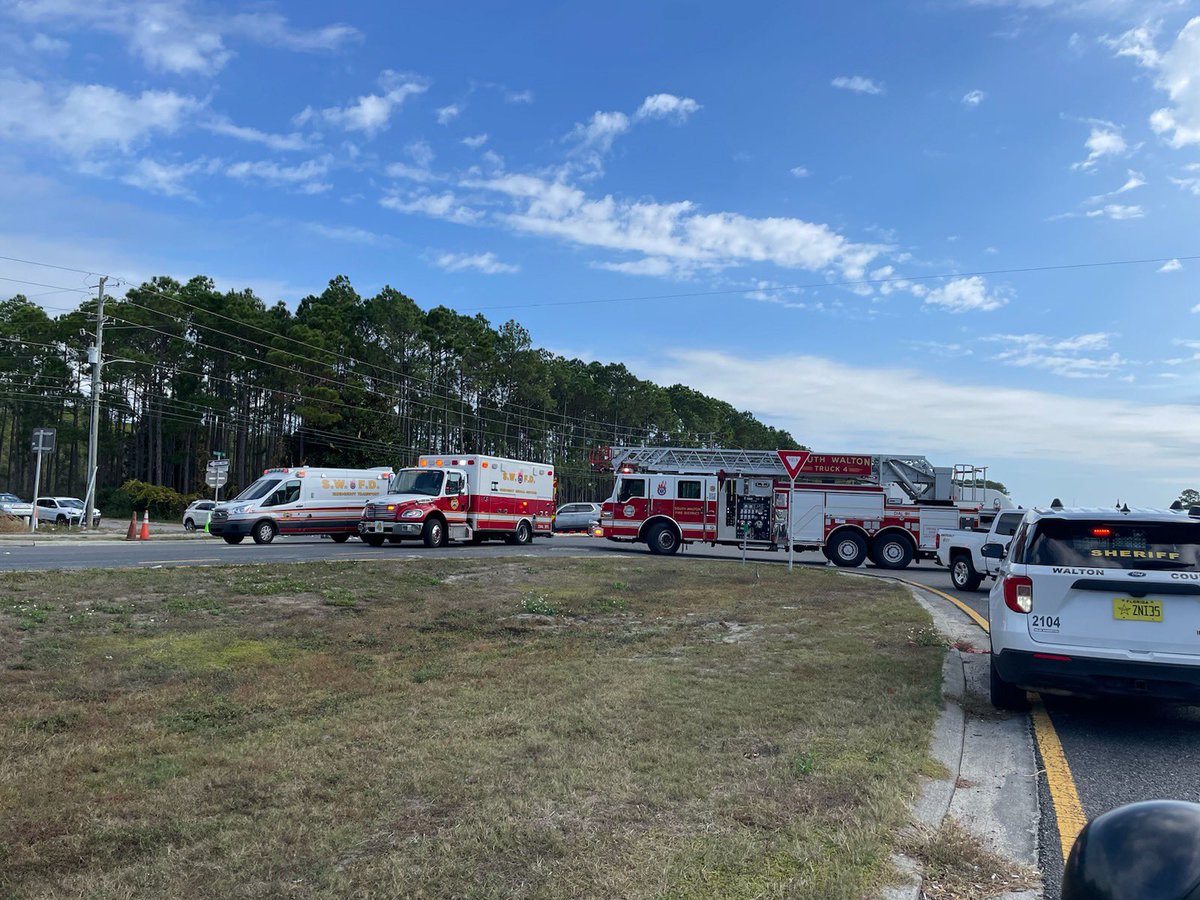 Traffic crash at Highway 98 at Goldsby Road.  All westbound lanes of Highway 98 are blocked.  @WCSOFL and @swfdinfo are on scene. @FHPPanhandle has been notified.