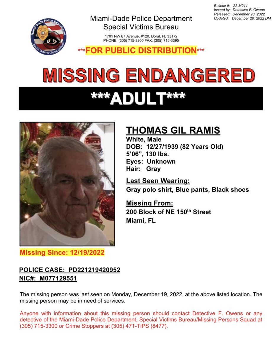 Miami-Dade Police:Thomas Gil Ramis, 82 years old, was last seen in the 200 Block of NE 150th Street. The missing adult may be in need of services.