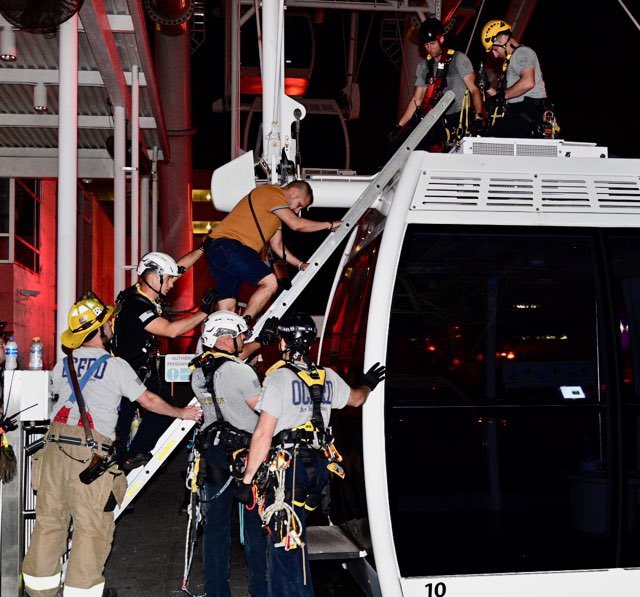 More than 60 people have been safely rescued from more than 20 pods. All pods are now empty and units have cleared @iconparkorlando. All rescue climbers on duty responded to the scene, with additional off duty rescue climbers also responding to assist if needed