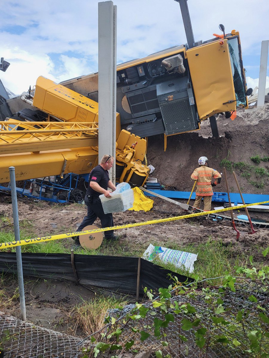 IndustrialAccident involving overturned crane. 13137 Heather Moss Dr. One construction site worker extricated, transported to Osceola Regional as trauma code, another worker taken to Advent Health Kissimmee with minor injuries. Approx 50 gal of hydraulic fluid from crane