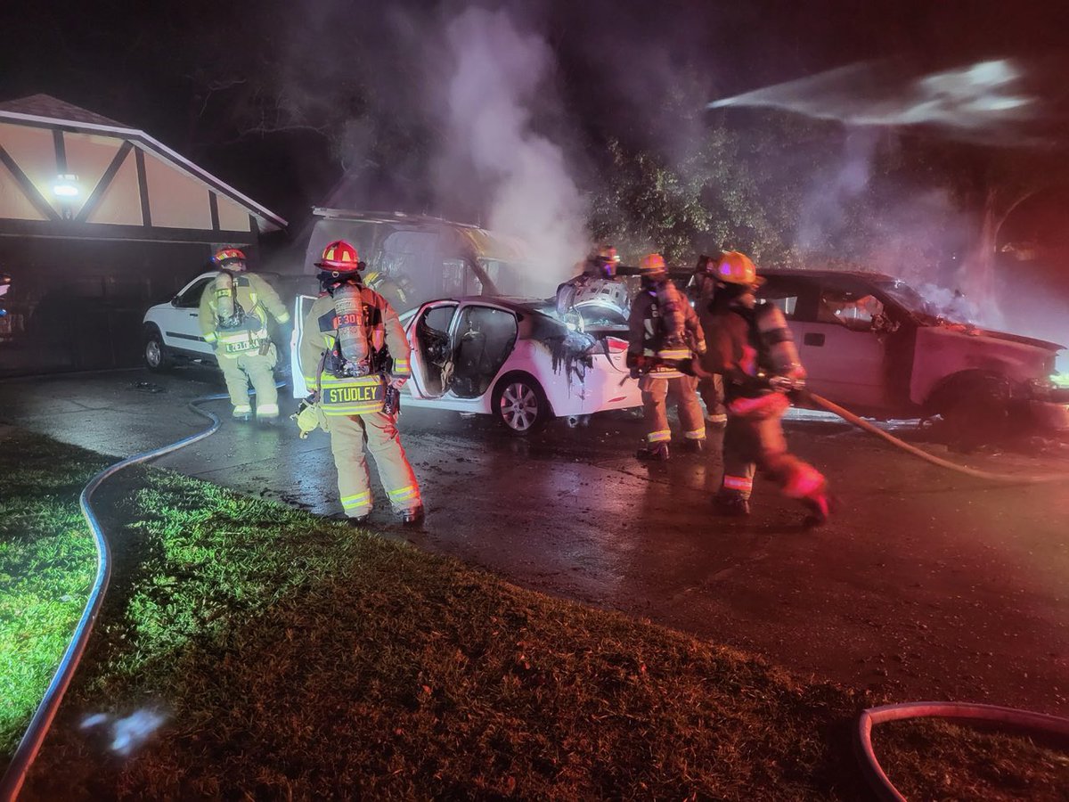 Firefighters responded to a 4 vehicle fire with exposure to home on the 1000 block of Casasia Dr. Units arrived and began extingishing fire, confirmed no extension to home, occupants evacuated safely. State Fire Marshal is investigating the cause of the fire