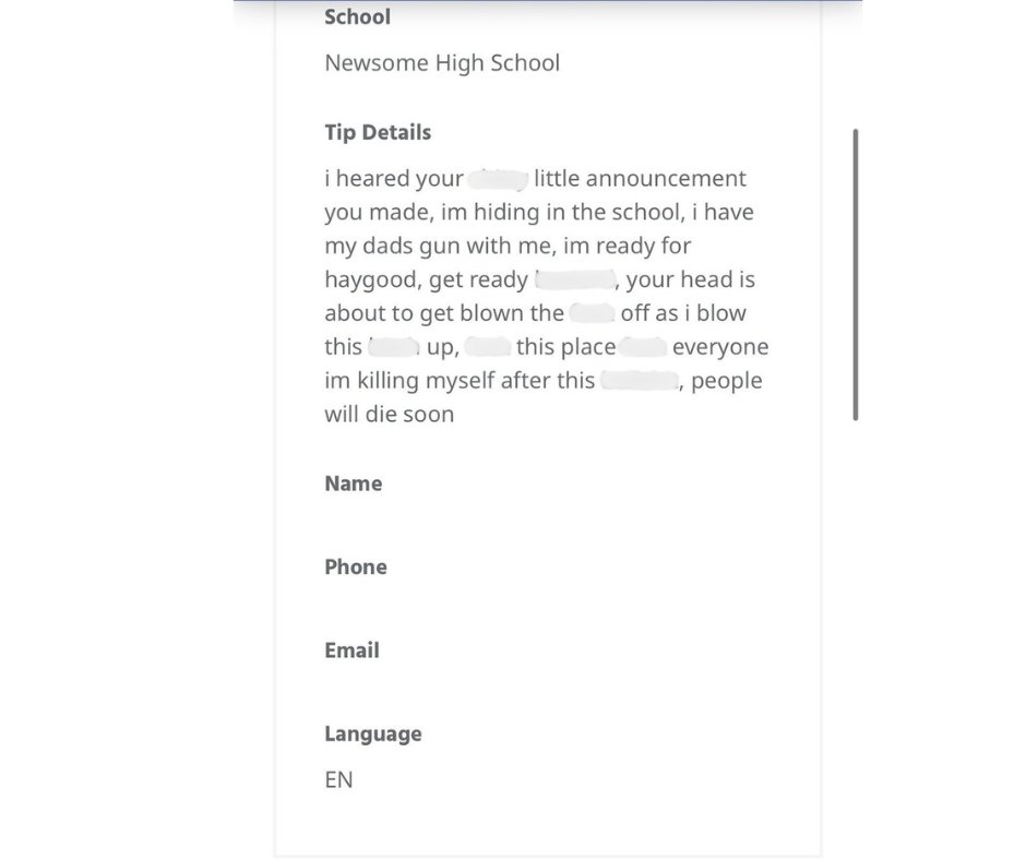 HCSO is investigating a school threat that forced Newsome High School into a lockout for several hours. On Friday, September 13, 2024, at approximately 8:45 a.m., a threat claiming to shoot a teacher and bring a bomb to the campus was posted on Fortify Florida 