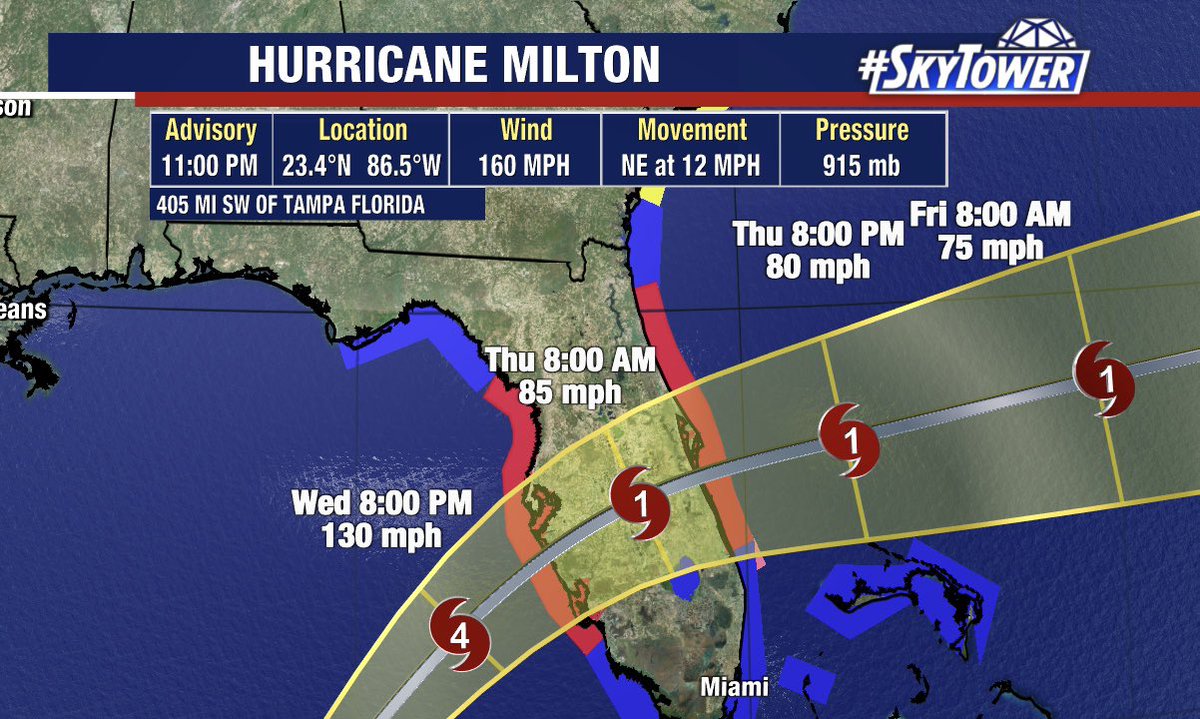 Hurricane Milton Forecast Milton is expected to make landfall along our coast (within the forecast cone) sometime late Wednesday night or early Thursday morning.This storm will bring parts of Florida’s Gulf Coast historic storm surge (as high as 10-15 feet). 