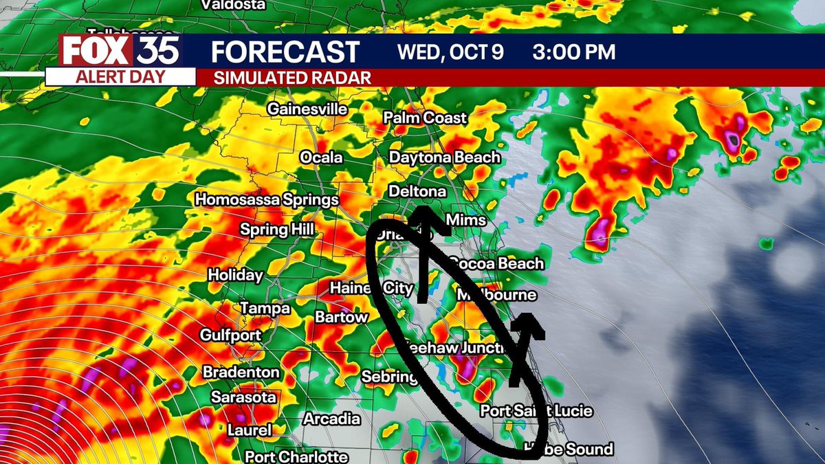 Tornado Threat could be significant on the Space Coast and along-east of I-4 Wednesday afternoon, evening, and night. All of the circled thunderstorms could rotate. I will go as far to say you need to know several tornadoes could occur, and a briefly strong EF2 or higher tornado