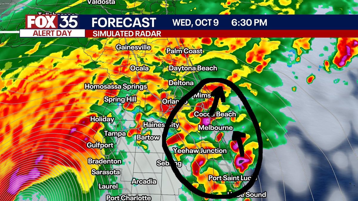 Tornado Threat could be significant on the Space Coast and along-east of I-4 Wednesday afternoon, evening, and night. All of the circled thunderstorms could rotate. I will go as far to say you need to know several tornadoes could occur, and a briefly strong EF2 or higher tornado