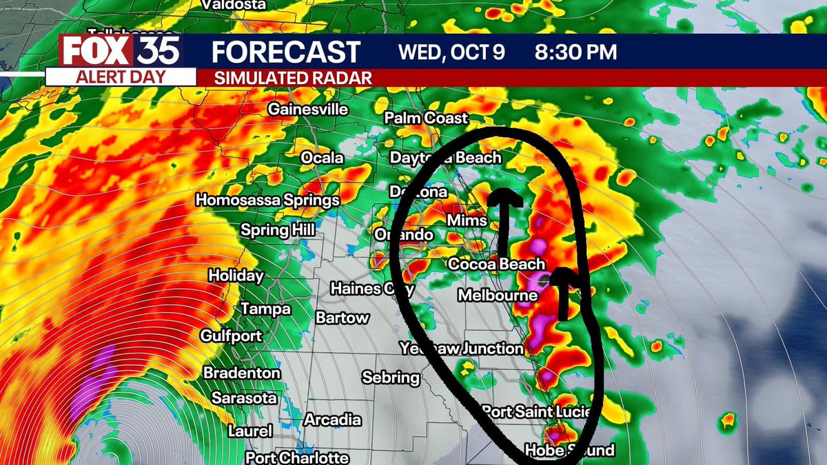 Tornado Threat could be significant on the Space Coast and along-east of I-4 Wednesday afternoon, evening, and night. All of the circled thunderstorms could rotate. I will go as far to say you need to know several tornadoes could occur, and a briefly strong EF2 or higher tornado