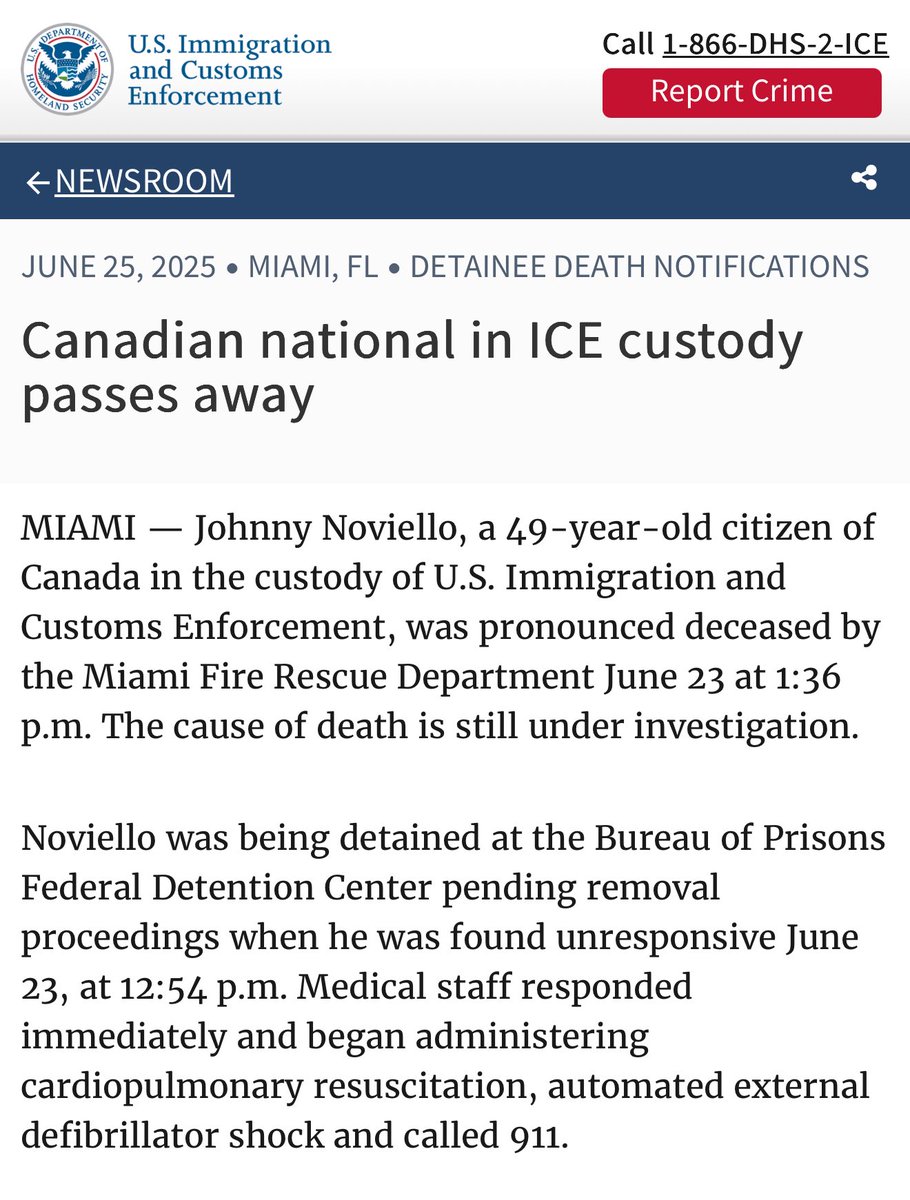 49-year-old citizen of Canada died while in ICE custody. He was being at the Federal Detention Center in Miami