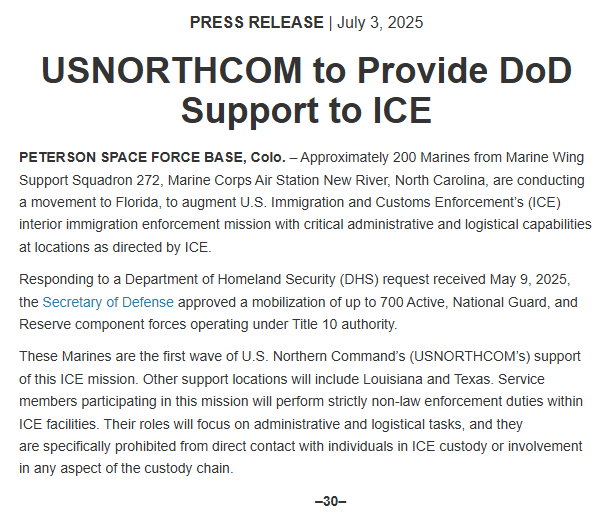 Pentagon deploying hundreds of Marines to Florida, Louisiana and Texas to support ICE mission