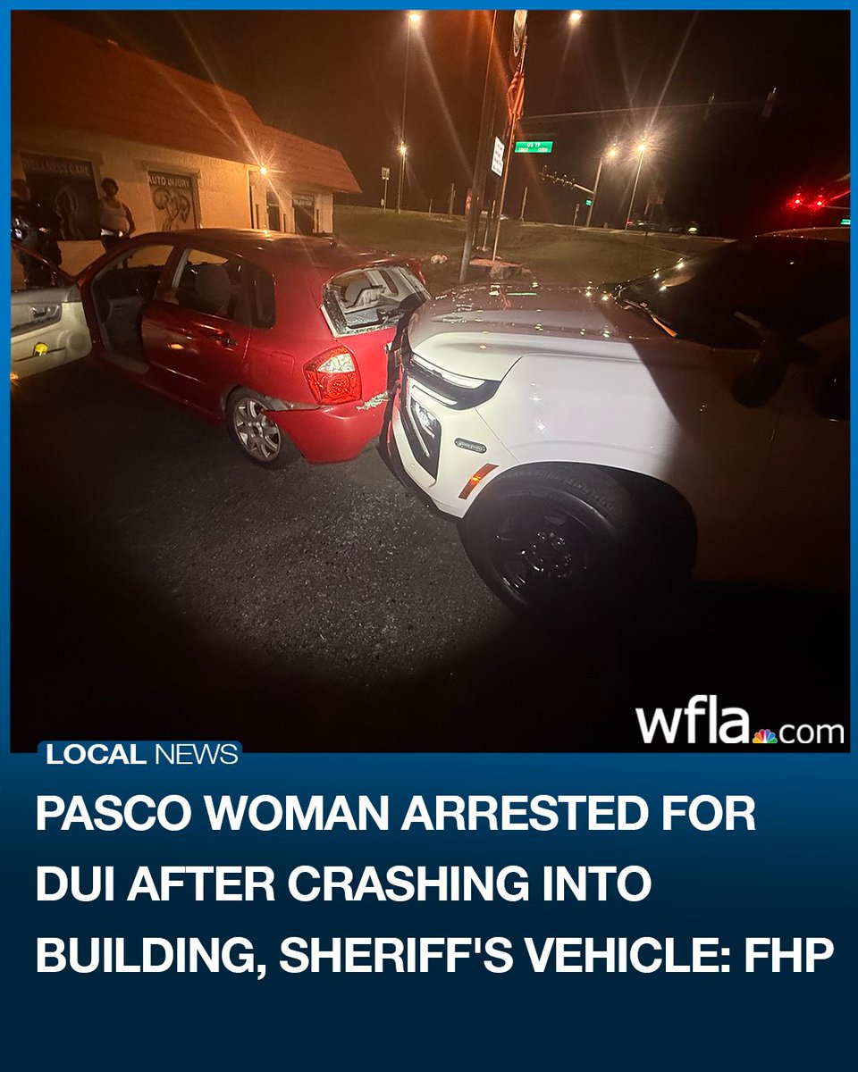 A Pasco County woman was arrested Wednesday after driving under the influence and crashing into a building and a sheriff's vehicle with her kids in the car, FHP said